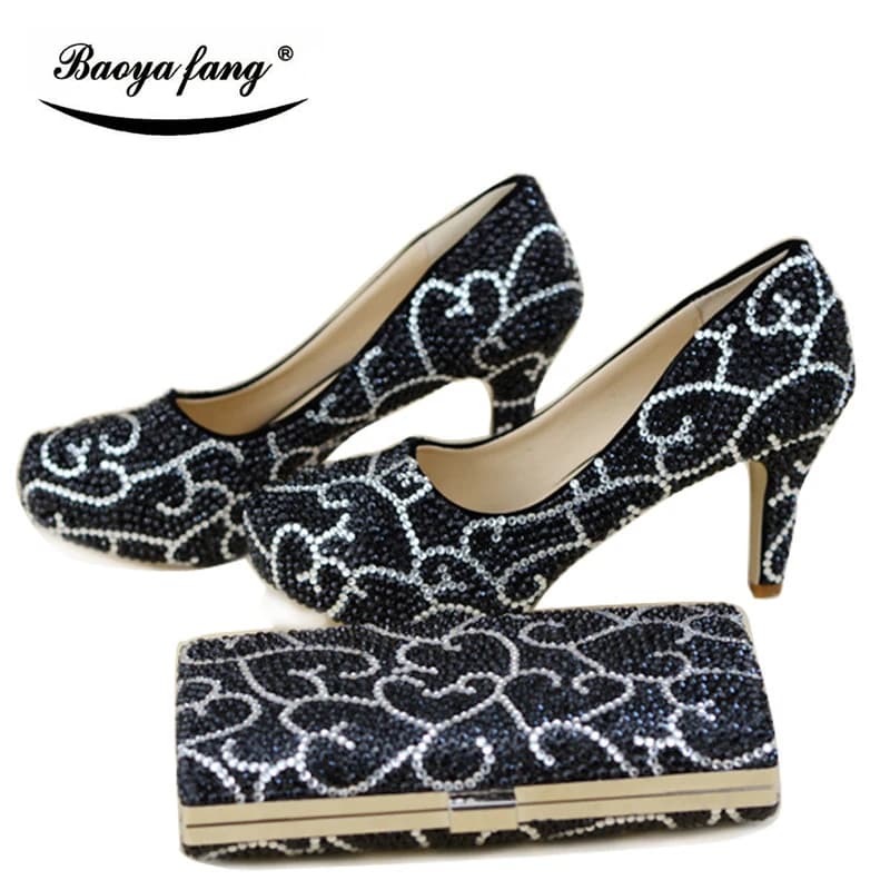 BaoYaFang Scarpe da sposa da donna in cristallo nero con borse abbinate set di scarpe e borse alla moda Scarpe da festa da sposa Tacchi alti