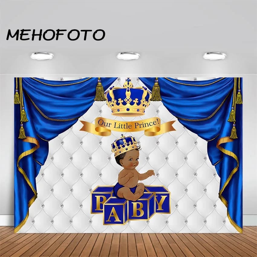 Sfondo fotografico per baby shower del principe reale Tenda blu reale Corona d'oro Fondali per baby shower per ragazzo afroamericano