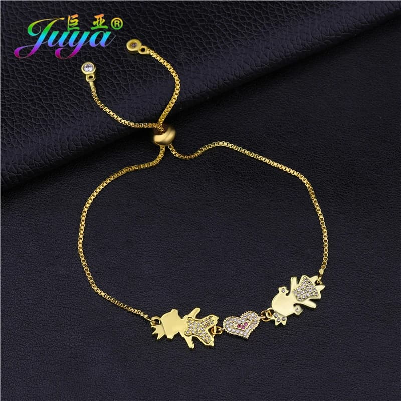 Juya 18K Gold Plated Copper Adjustable Slider Chains Cubic Zirconia Boy Girl Mama Bracelets For Women Girl Gift Jewelry Supplies
