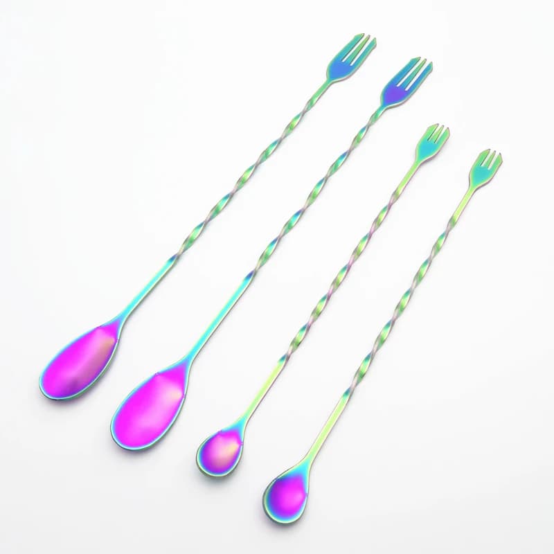 Mini cucchiaio da dessert cucchiaio agitatore barra mestolo in acciaio inossidabile cucchiaio da miscelazione overlungo cocktail shaker con forchetta da frutta posate 2 pezzi