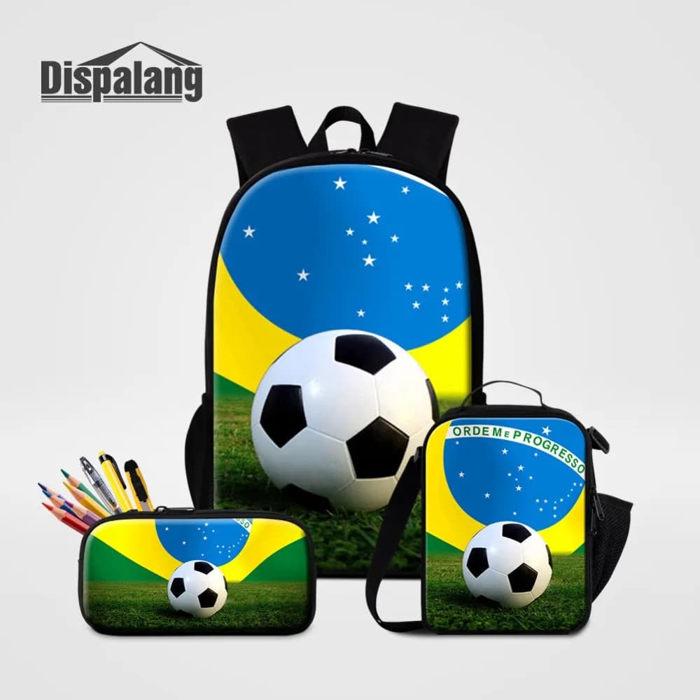 Football Print Backpack Set for Boys 3PCS School Bags with Basketball Design Custom Paint Lunchbox & Pencil Case Included