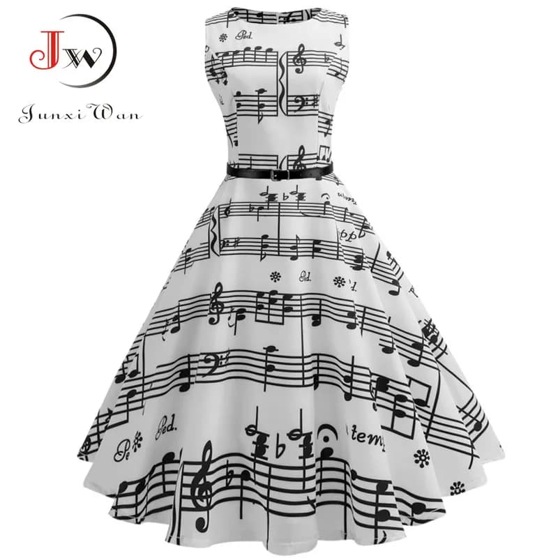 Abito estivo da donna con stampa di note musicali Robe Retro Swing Casual Vintage senza maniche O-Collo Abiti altalena Vestidos