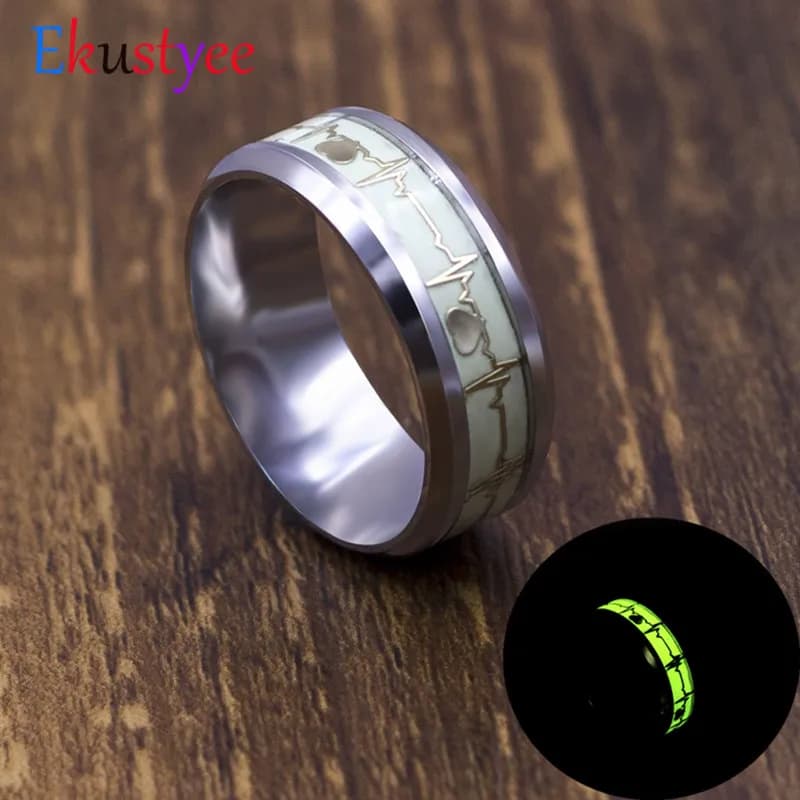Anelli per elettrocardiogramma a cuore luminoso in acciaio inossidabile Glow in the Dark Wave Love Ring gioielli da sposa maschili femminili