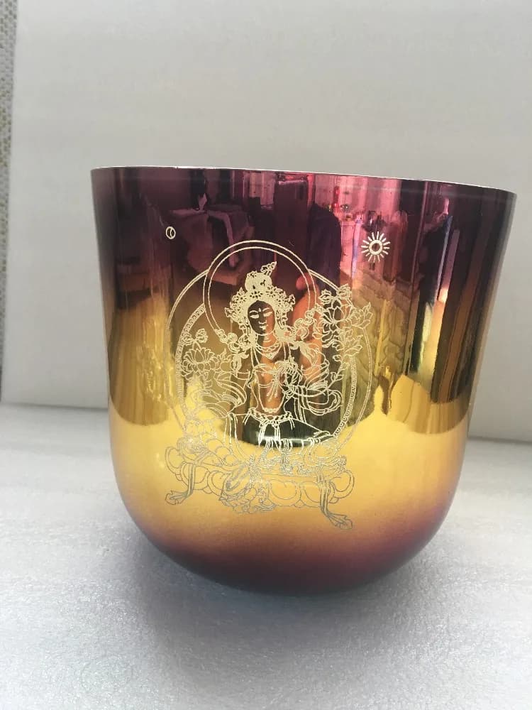 Alchemy colored 3rd octave Perfect D note Sacral chakra crystal singing bowl + buddha carved about 8.2"