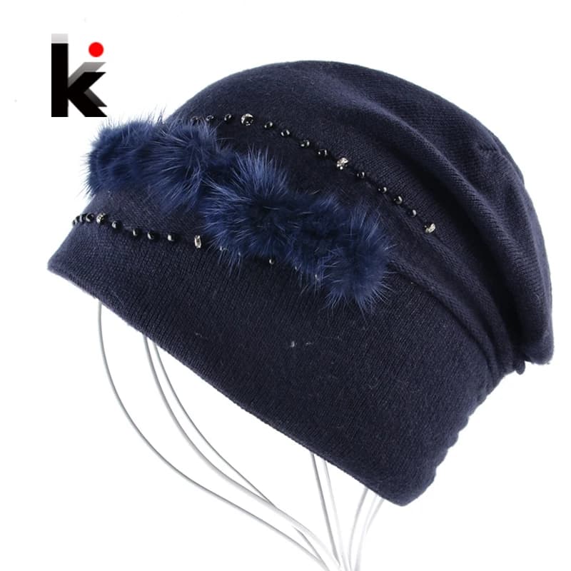 Berretti invernali cappello con vera pelliccia ornamento per donna berretto in lana lavorato a maglia moda femminile perlina catena cofano Touca Lady Skullies Muts