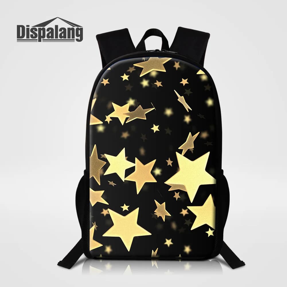 School backpack with gold star print for primary school girls, fashionable backpack, children's backpack with custom logo