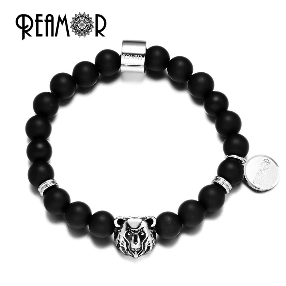 REAMOR Braccialetti elasticizzati con perline di orso in acciaio inossidabile con perline di pietra naturale onice nero opaco per gioielli regalo da donna per uomo