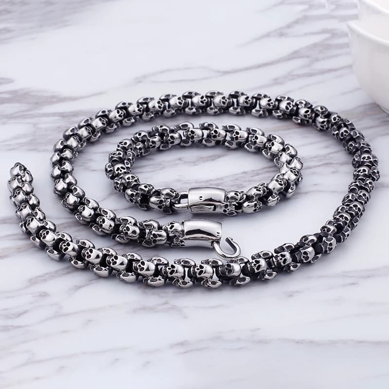 Kalen Punk Long Matte Skull collana e bracciali per uomo acciaio inossidabile spazzolato teschio Charm catena a maglie gioielli gotici maschili