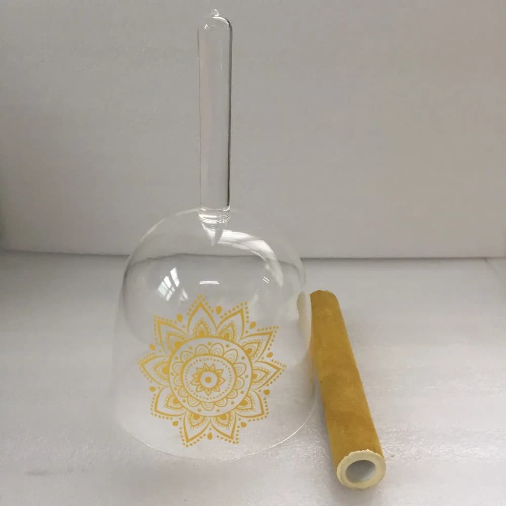 Clear Crystal Singing handle Bowl Perfect Musical Note E with Solar Plexus chakra sticker Music Therapy,Balancing Bliss.