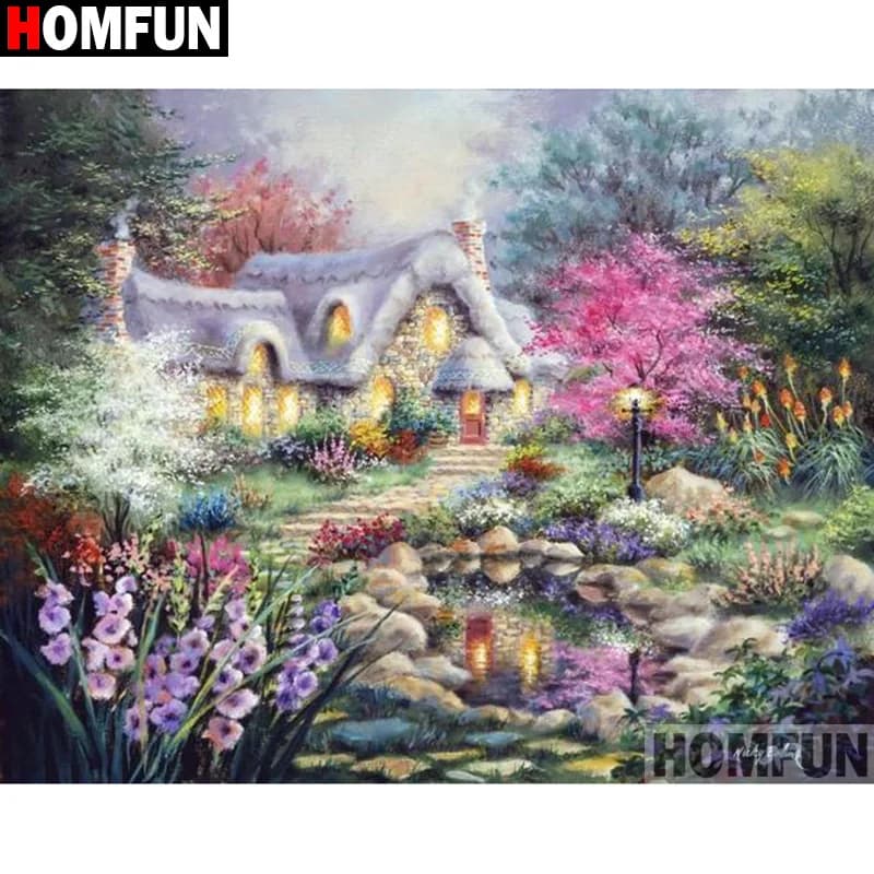 HOMFUN Pieno Quadrato/Rotondo Trapano 5D Pittura Diamante FAI DA TE "Paesaggio di Casa" Ricamo Punto Croce 3D Complementi Arredo Casa Regalo A17582