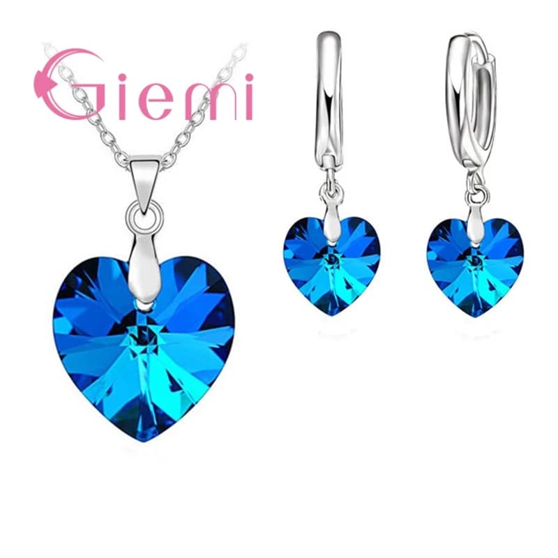 Austrian Crystal 925 Silver Needle Jewelry Heart Pendant Necklaces Lever Back Earrings Women Accessories Gift