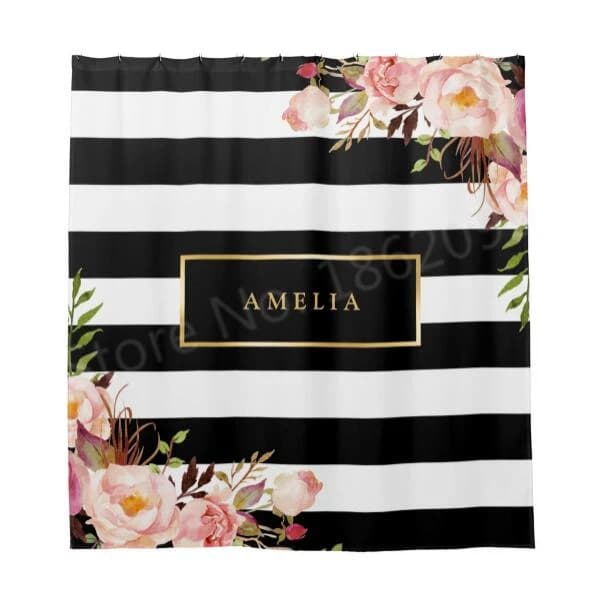 Eleganti tende da doccia floreali a strisce bianche nere Tenda da bagno personalizzata in oro Regali di decorazioni per il bagno personalizzati moderni di classe