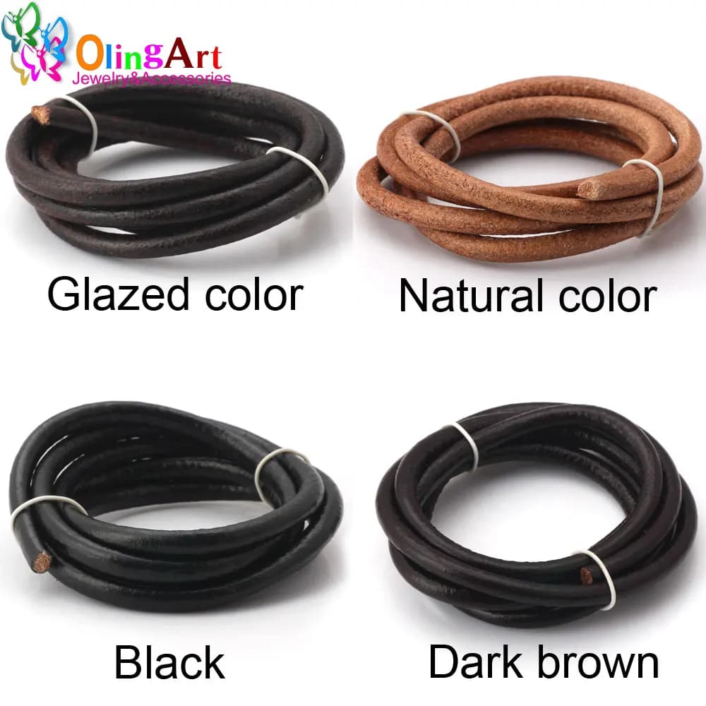 Olingart Dia 1.5/2/3/4/5/6mm Nero/Naturale/Marrone/Smalto Cavo Rotondo in Pelle Corda per Collana Bracciale Creazione di Gioielli FAI DA TE