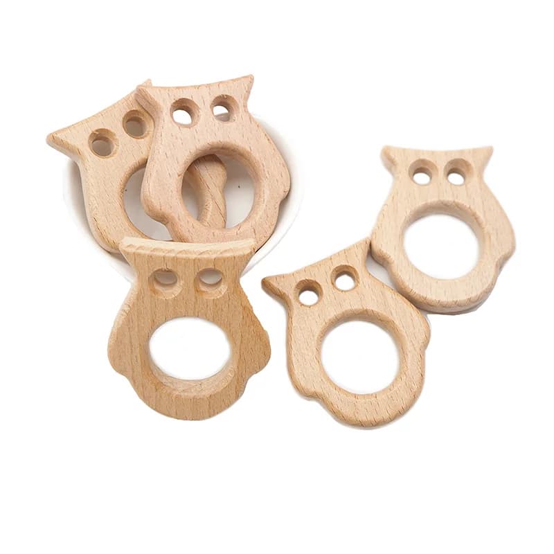 Chenkai 10 pezzi gufo massaggiagengive in legno natura sonaglio per bambini dentizione afferrare giocattolo fai da te organico ecologico legno accessori per la dentizione