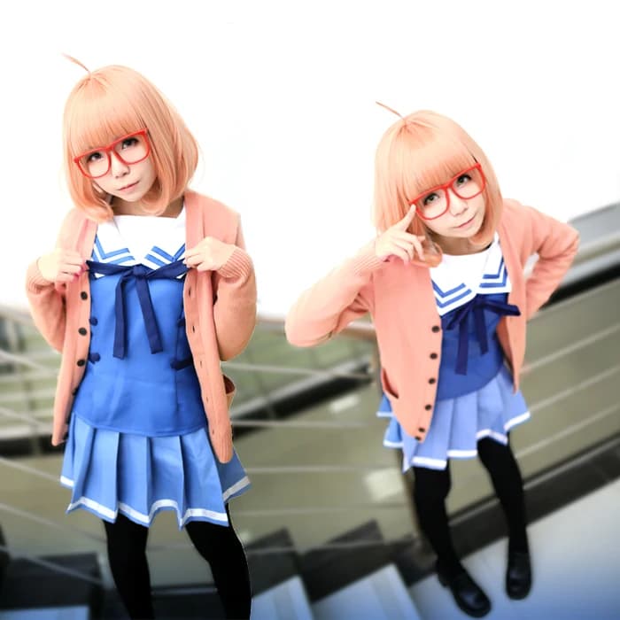 Beyond the Boundary Kyoukai no Kanata Kuriyama Mirai Costume Cosplay set completo Cappotto + Gonna + cravatta + Calzini + maglione + Occhiali + parrucca