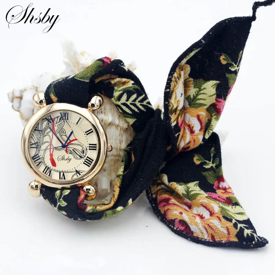 Shsby Ladies Flower Cloth Watch Wrist Watch Fashion Girl Dress Women Casual Watch Quartz Strass Femme Horse Fabric Watch