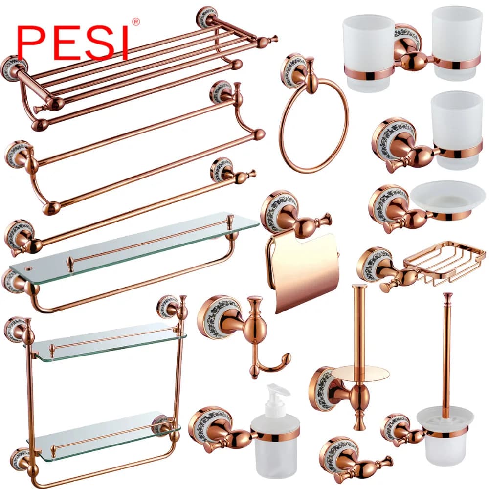 Set di accessori per il bagno in ottone Portarotolo di carta igienica Porta asciugamani Bar Rail Bar Mensola Anello Gancio per accappatoio Hardware Oro rosa.