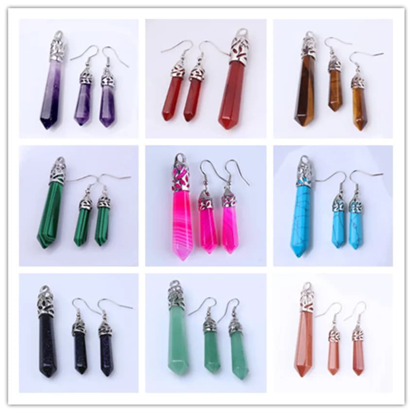 Cristallo di ametista naturale quarzo rosa pietra prisma esagonale pendolo orecchini pendenti in pietra Reiki per donna uomo ragazze set di gioielli