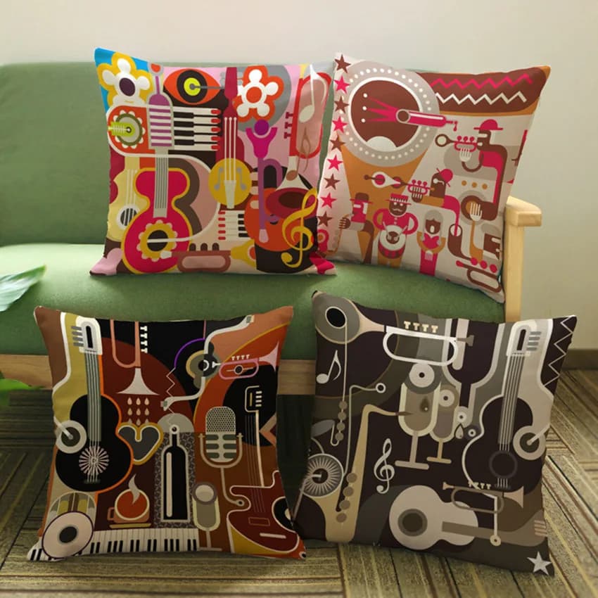 Abstract Guitar Music Instrument Print Decorative Pillows Home Decor Cotton Linen Square Sofa Cushion Covers Pillow Cases 45x45