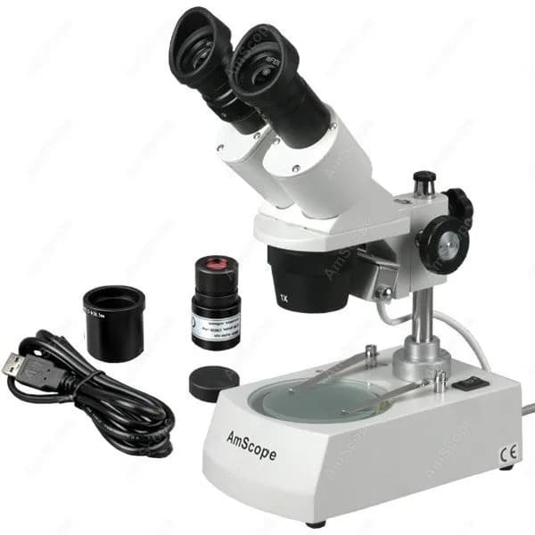 Microscopio Stereoscopico Binoculare AmScope 10X-60X+ con Fotocamera Digitale 1MP, Supporto in Metallo, Illuminazione Alogena Superiore e Inferiore
