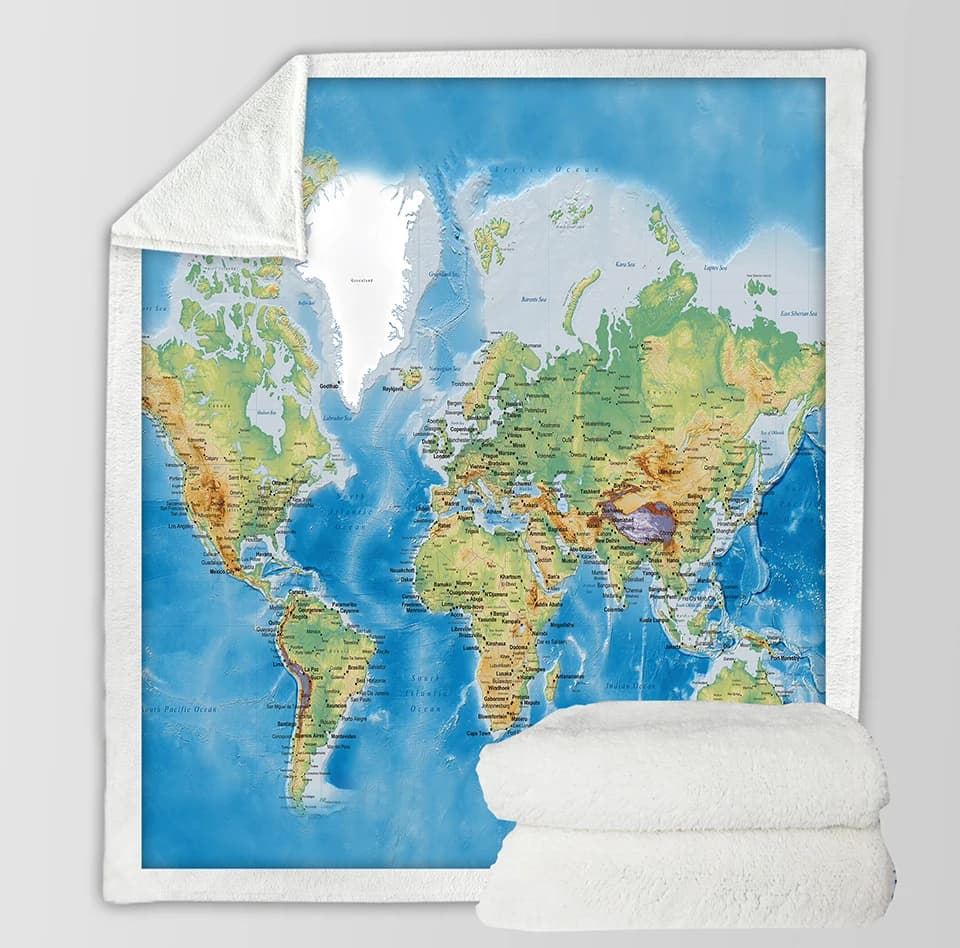Blue World Map Sherpa coperta da tiro cartone vivido coperta in pile Sherpa stampata coperta da tiro in peluche Super morbida e accogliente
