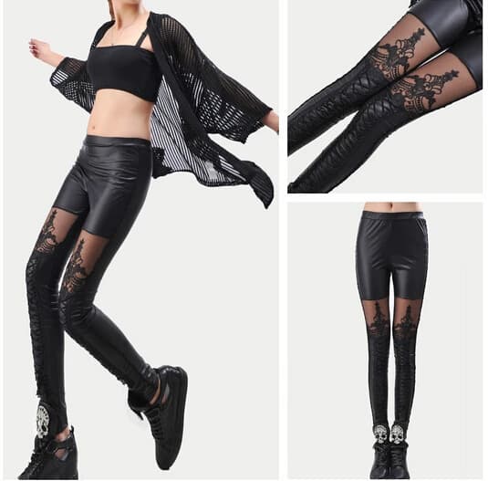 Leggins punk neri Leggings da donna Leggings in ecopelle Leginsi Lacina Calca Fasciatura floreale con motivo cuciture in pizzo Abiti gotici PU