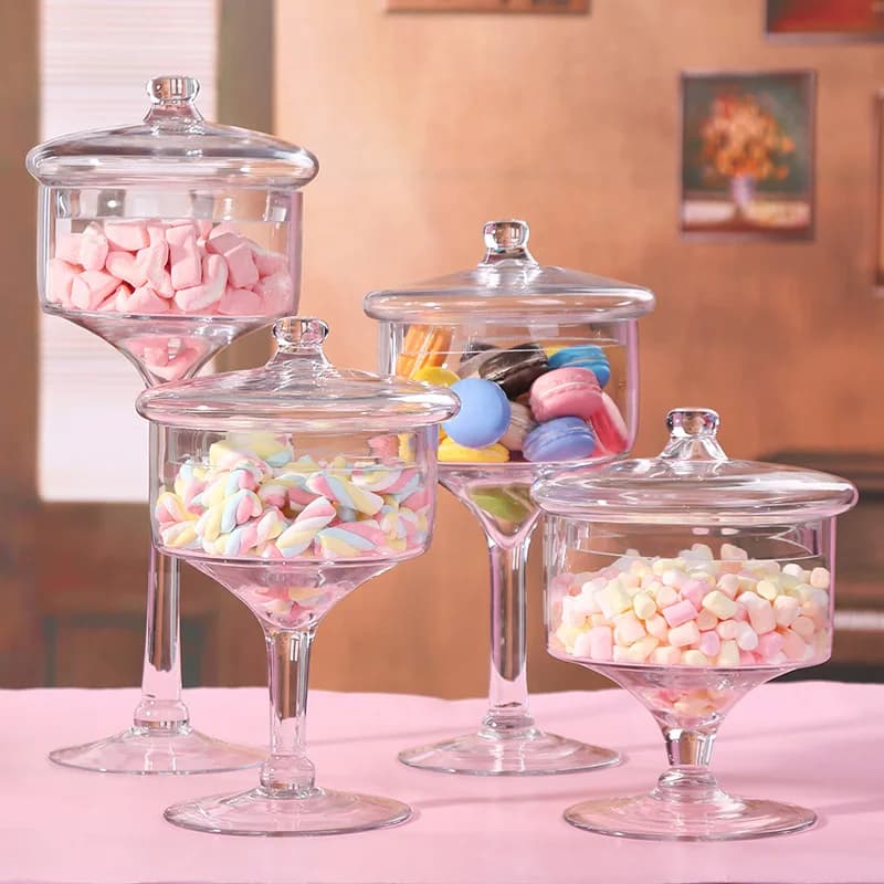 Barattolo di caramelle europeo alto e sottile in vetro trasparente con decorazione per dessert nuziali, caramelle, snack, barattolo di frutta secca 4 pezzi/set