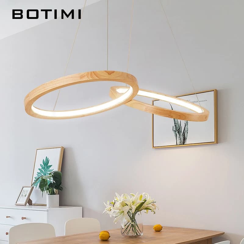 BOTIMI Anelli in legno Lampade a sospensione a LED per sala da pranzo 2 anelli rotondi in legno Lustre Apparecchio da cucina in legno Lampada a sospensione da cucina
