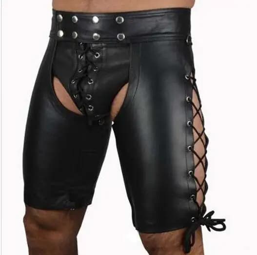 Lingerie Sexy New Hot Black Mens Latex PVC Bondage pantaloncini aperti pantaloncini Fetish gotico Gay uomo pantaloni in ecopelle con lacci