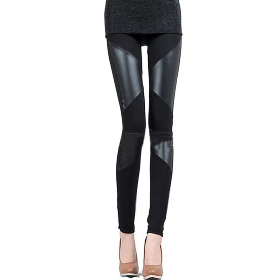 New slim fit donne leggings splicing sexy stretch stripe leggins cotone faux leather leggings pants