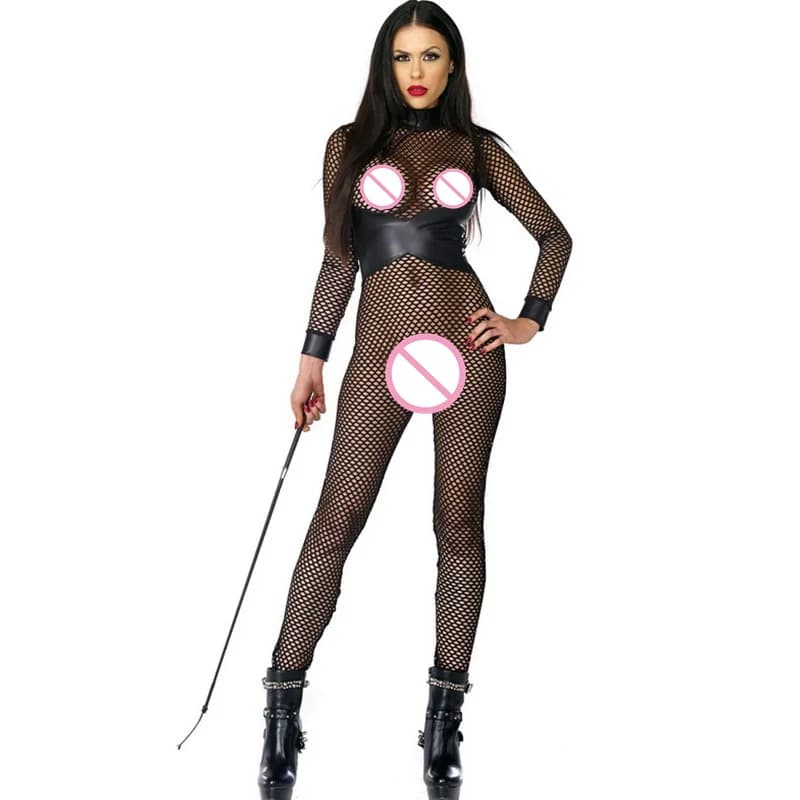 Nuova Moda Della Tuta Per Le Donne Nero Del Cuoio Del Faux Calze A Rete Trasparente Rete Da Pesca Manica Lunga Hot Lingerie Erotica Sexy Catsuit