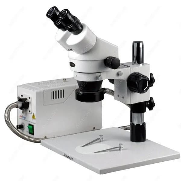 Stereoscopic Binocular Microscope with Zoom AmScope Series SM-1 7X-45X+ with 150W Halogen Ring Light on Pillar Stack + Large Base