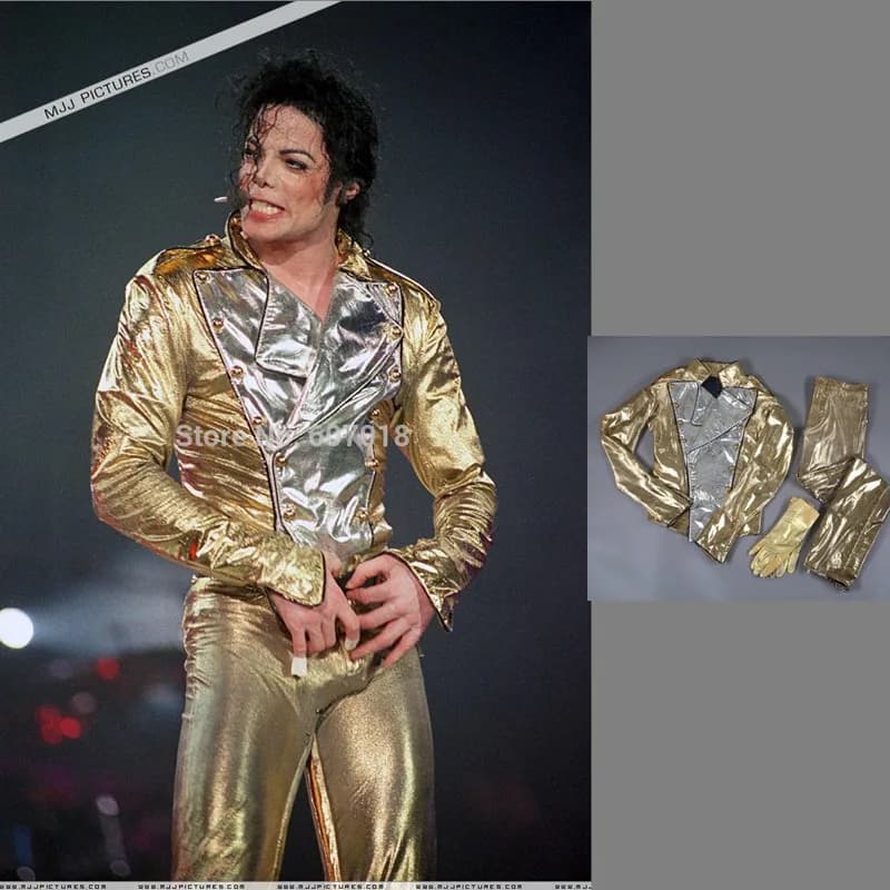 Michael Jackson History BAD Giacca in tessuto doppio petto in spandex dorato Pantaloni Guanti Set completo Regalo per prestazioni