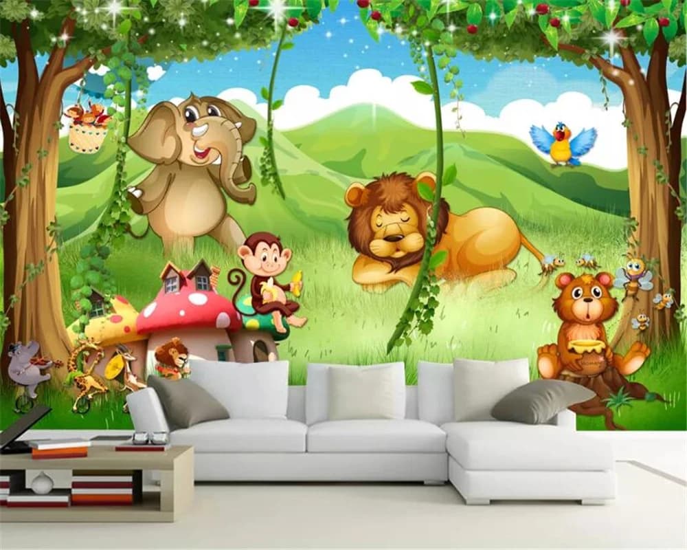 Carta da parati murale 3D personalizzata per asilo nido, design fantasia con giraffa, leone, animali della foresta, cartone animato, decorazione per la cameretta dei bambini