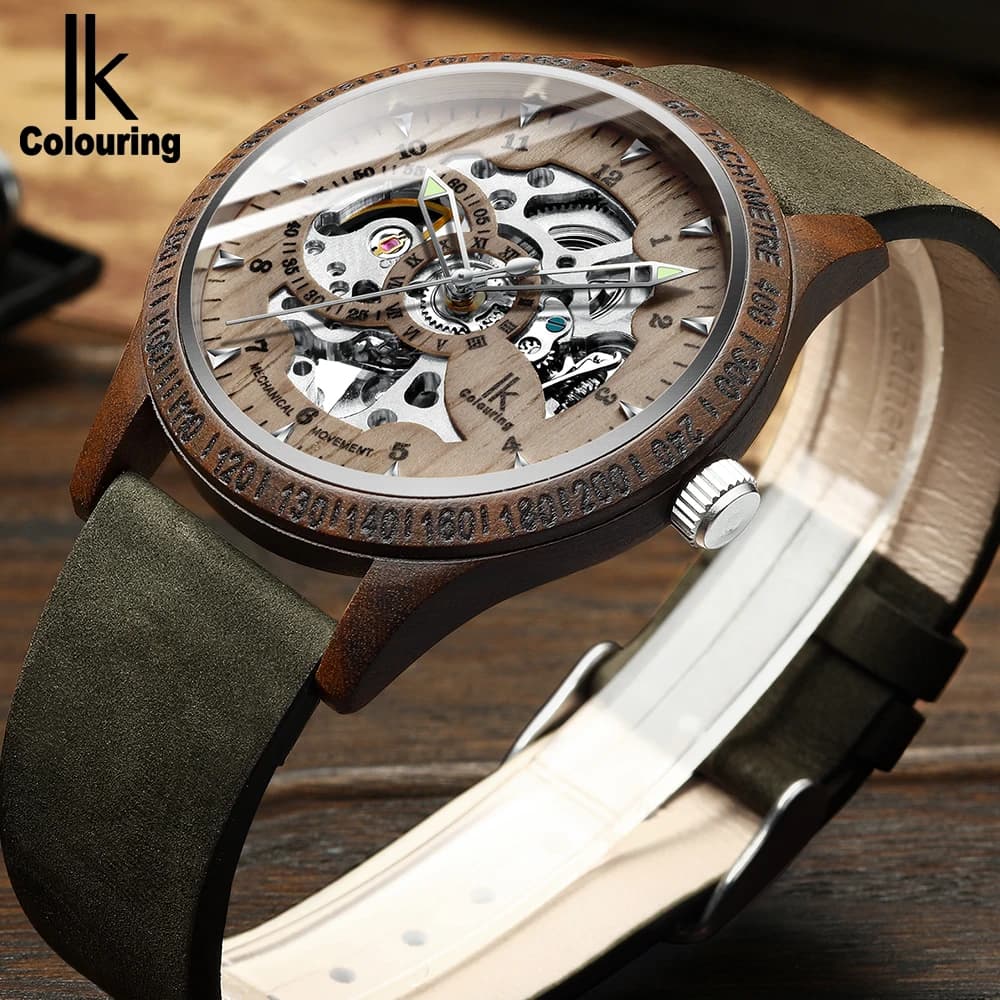IK Coloring Orologio da uomo Moda Casual Cassa in legno Crazy Horse Cinturino in pelle Orologio in legno Scheletro Meccanico automatico Relogio maschile