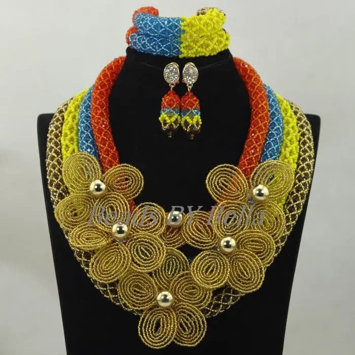 Multicolor African Wedding Beads Golden Seed Beads Flowers Chunky Lace Jewelry Set for Nigerian Women's Costumes ABK956
