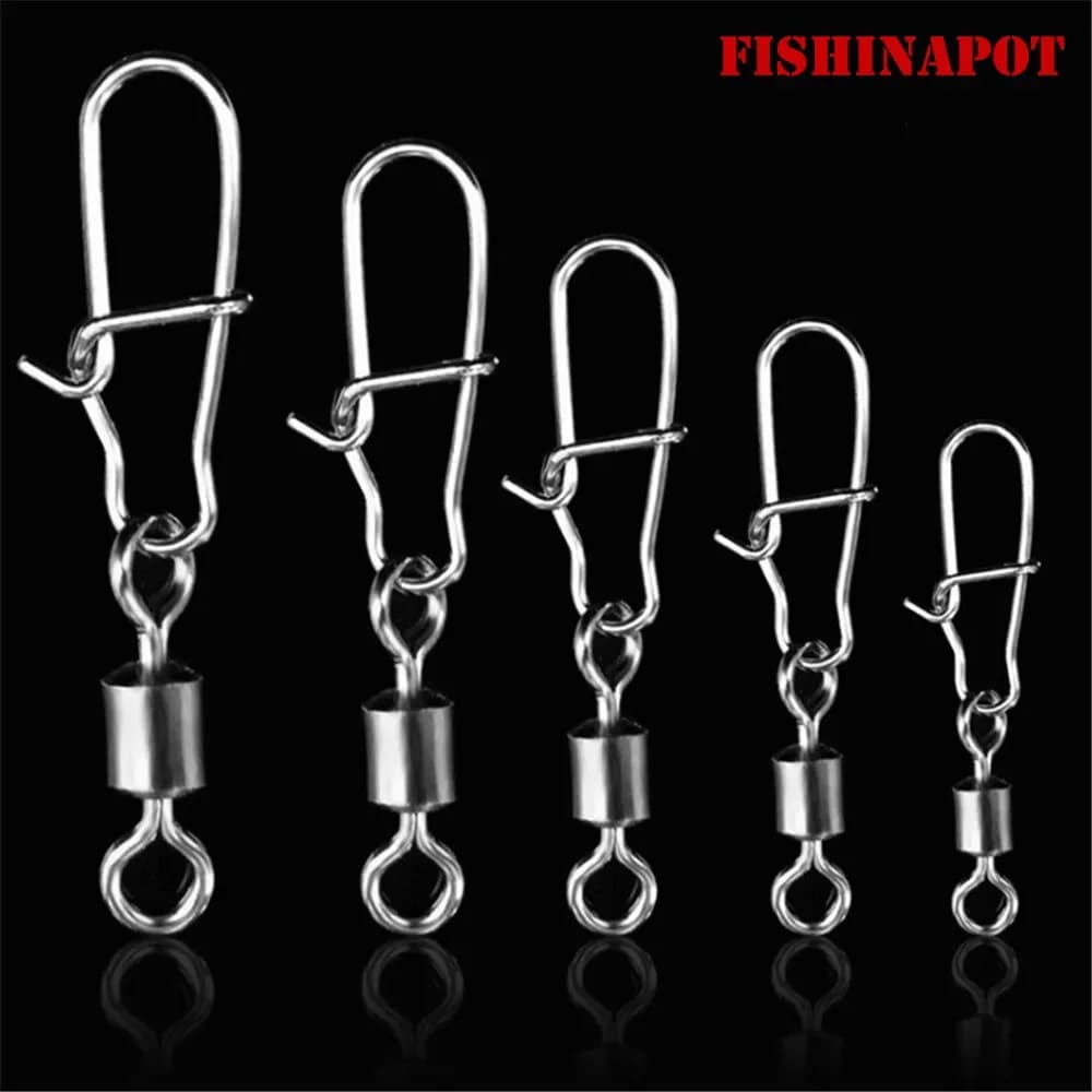 FISHINAPOT 30 pcs/lot 2 # -10 # Rolling slide for fishing bait with stainless steel connector with rotating fast locking carabiner