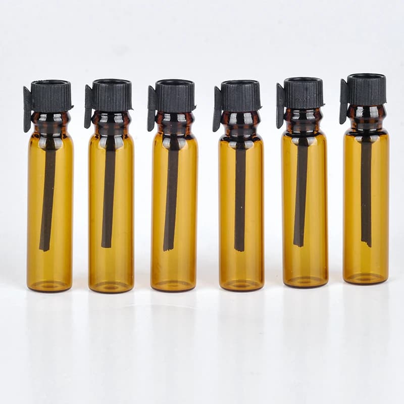 100 pz/lotto 1 ml 2 ml Mini tappo di plastica adesivo profumo Fiale di Vetro Olio Essenziale Bottiglie di Profumo Riutilizzabili Campione nominale