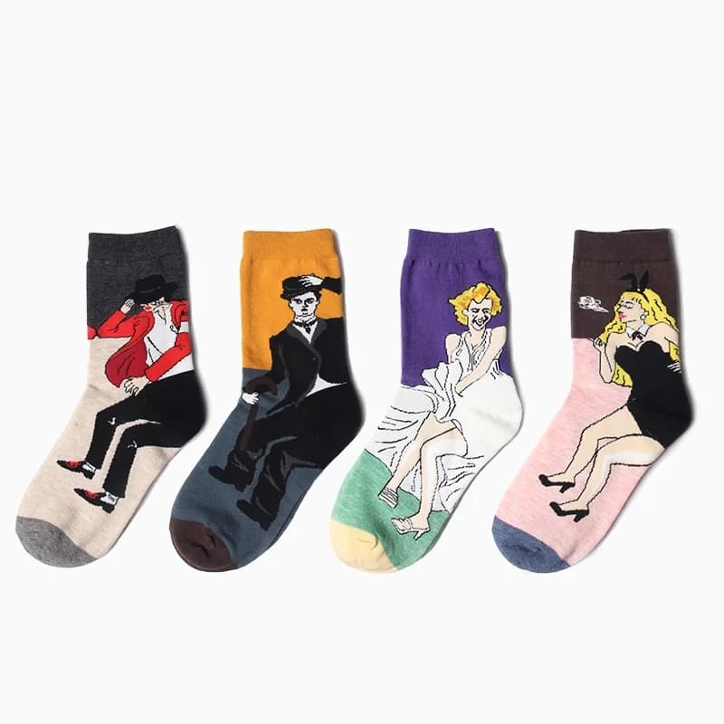 M1554 Unisex Cotton Socks Abstract Oil Paintings Restoring Old Socks Jackson Monroe Chaplin Rabbit Art Socks 4prs/Lotto