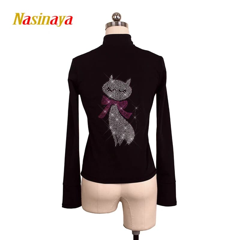 Giacca Nera da Pattinaggio Artistico con Cerniera, Top da Allenamento per Ragazze, Tuta da Ginnastica con Paillettes a Forma di Gatto sul Retro