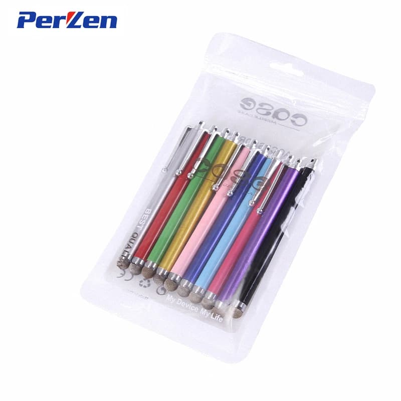 10 pz/pacco di Alta Qualità In Metallo Capacitivo Touch Pen Stilo Schermo In Fibra Panno Capacitivo Per Il Telefono Tablet Laptop + Zip Bag