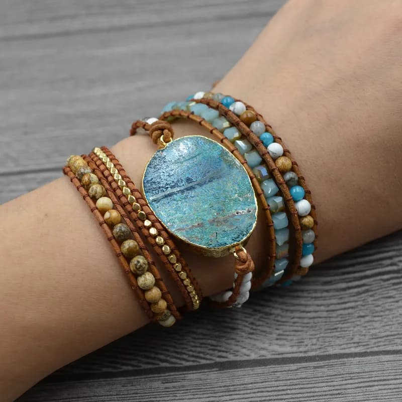 Braccialetto di Cuoio delle donne Marine di Pietra di Fascino 5 Fili Braccialetti attorcigliati Beads Intrecciato A Mano-made Braccialetto Della Boemia