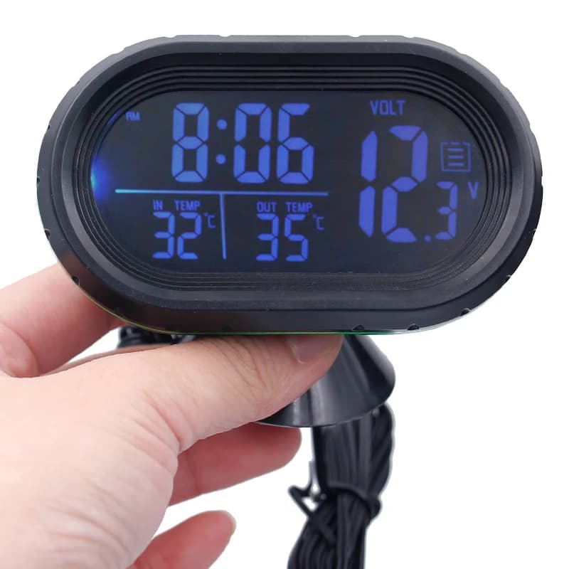 DC12V -24V 4 in 1 hour data double temperature Auto digital thermometer for Auto voltage meter Monitor bright watch alert freezing
