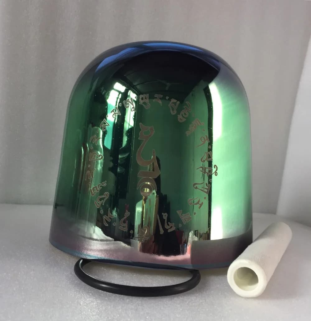 2nd Octave titanium colour Crystal Singing Bowl about 9.5” 432HZ Perfect musical note F Heart chakra + carved"green tara mantra"