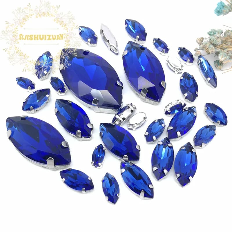 Set Silver Claw 30 pcs/Blue Sapphire Waist Shapes Horse Eye Mix Clear Gass Crystal Sew On Rhinestone Wedding Dress Shoes Bag