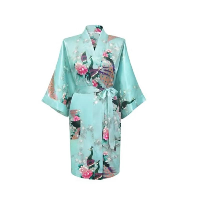 Baby blue Fashion woman peacock Kimono bathrobe nightdress Yukata bathrobe nightwear pocket with belt S M L XL XXL XXXL
