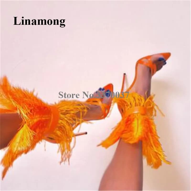 Delle donne Charming Della Piuma Decorato Tacco A Spillo Sandali Gladiatore Arancione Bianco Nero di Pelliccia Ordito Sandali Tacco Alto Scarpe Tacchi Della Fase