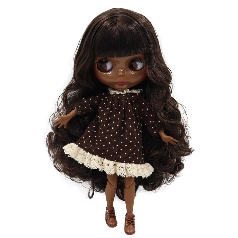 ICY DBS blythe doll super black dark skin shiny face joint body capelli castani scuri. No.BL0222/950