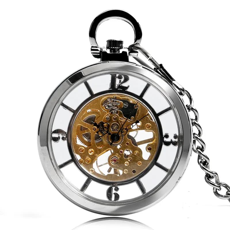 Argento trasparente mano vento meccanico orologio da tasca uomo donna Open Face Vintage Steampunk scheletro orologio ciondolo catena regalo