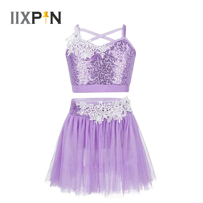 Vestito da pattinaggio artistico per ragazze Baton Twirling Costume da ballo spalline sottili Top corto con paillettes con gonna Tutu in Tulle